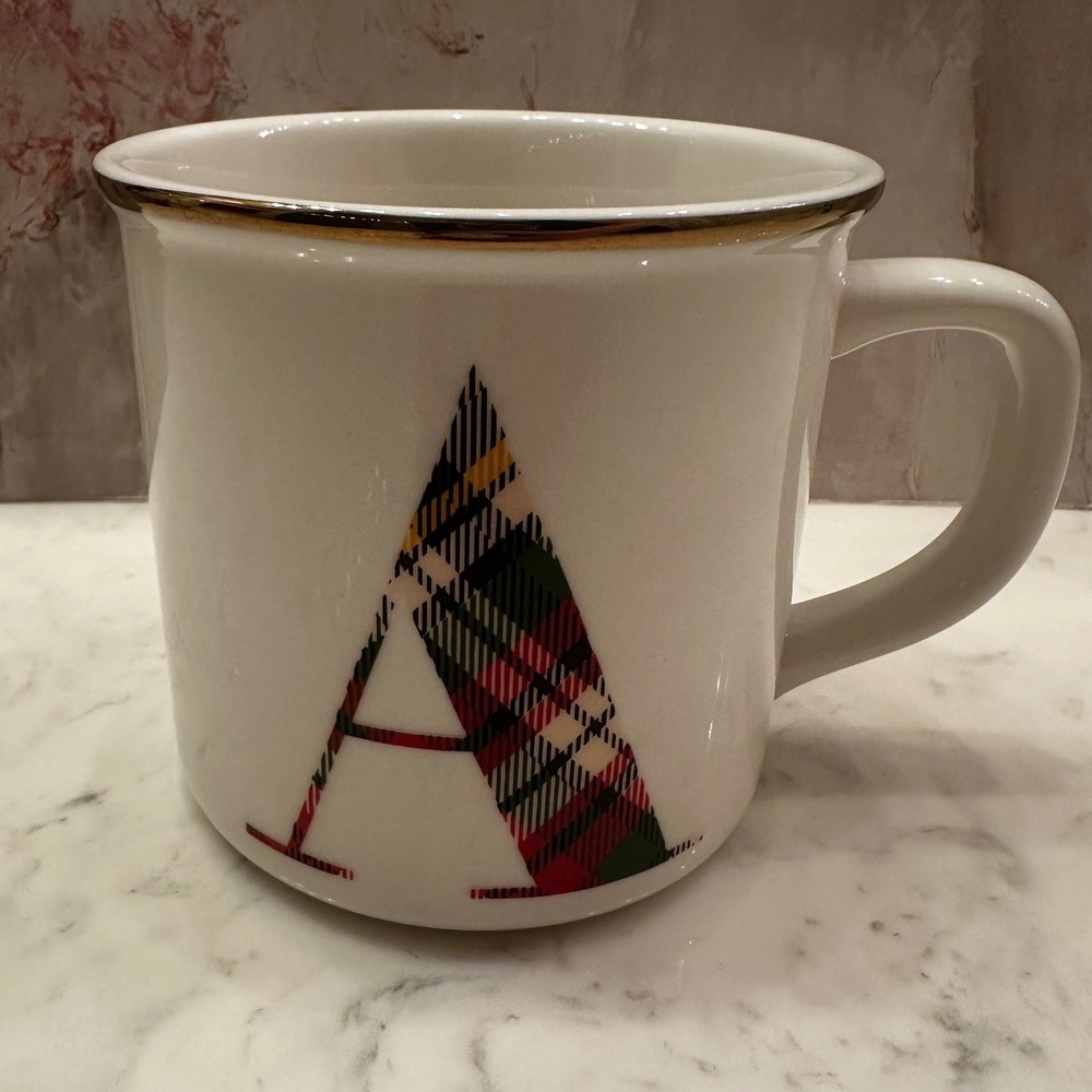 Pottery Barn Monogram Letter A Plaid Ceramic Coffee Mug Gold Rim RL Xmas Preppy